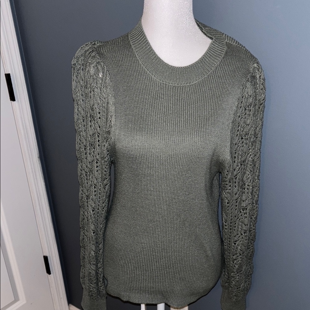 NWOT Splendid Green Crew Neck Sweater with Crocheted Sleeves